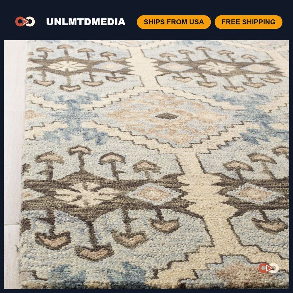 Handmade Boho Accent Rug 2' x 3' Light Blue & Cream Wool for Entryway, Living Ro